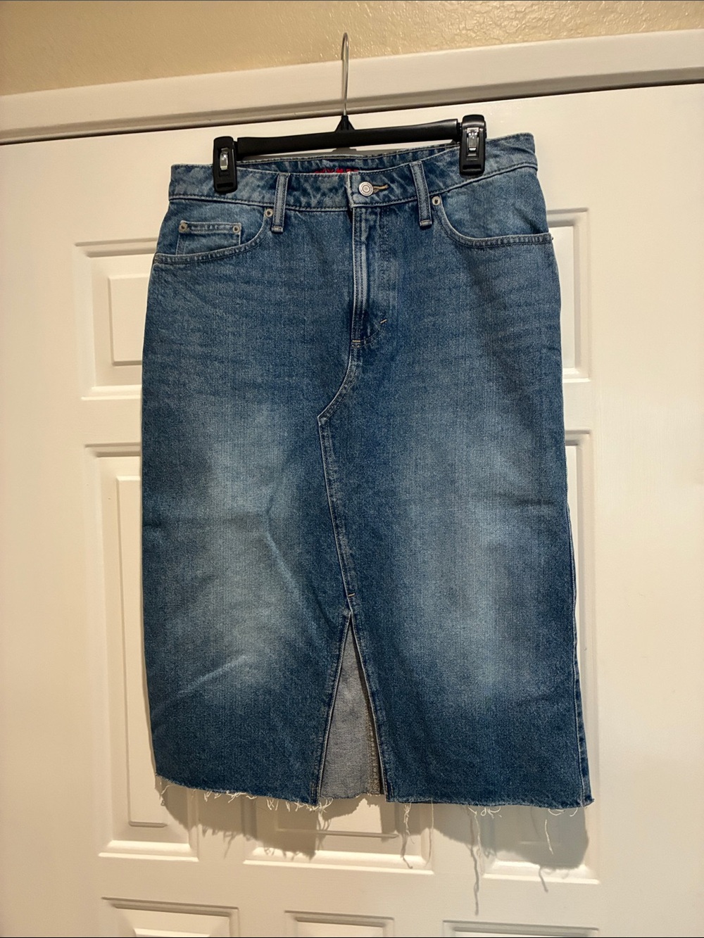Denim Midi Skirt with Front Slit - Blue